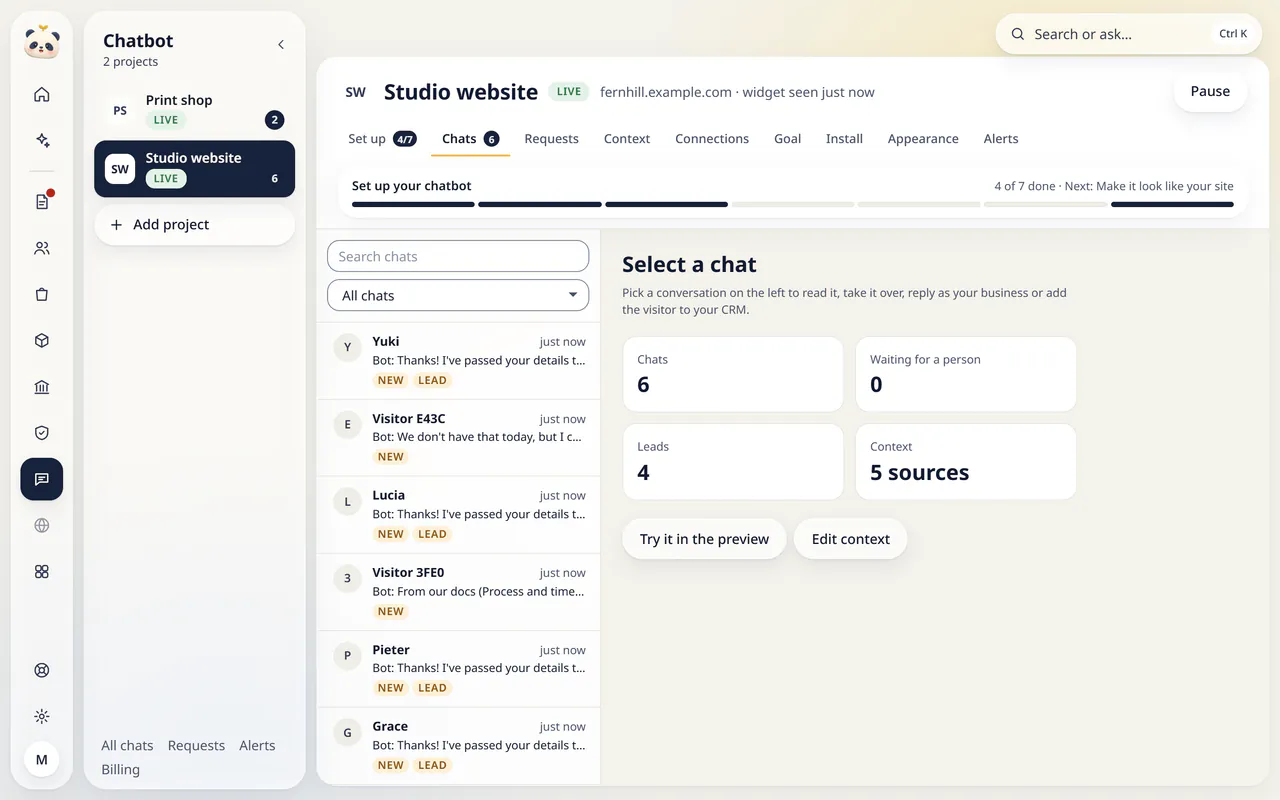 The Chatbot module in LuckPanda for Fernhill Studio: the Studio website project, live on fernhill.example.com, with its chat list (visitors such as Yuki, Lucia, Pieter and Grace, marked new or lead) and the totals: 6 chats, none waiting for a person, 4 leads, 5 context sources.