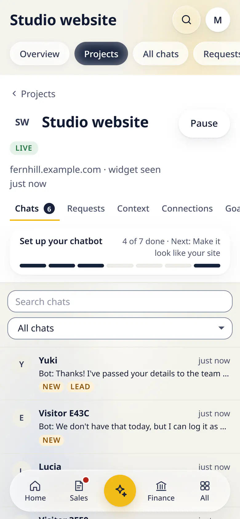 The Chatbot module in LuckPanda for Fernhill Studio on a phone: the Studio website project, live on fernhill.example.com, with its chat list (visitors such as Yuki, Lucia, Pieter and Grace, marked new or lead) and the totals: 6 chats, none waiting for a person, 4 leads, 5 context sources.