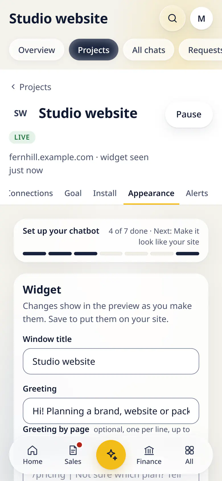Studio website in LuckPanda for Fernhill Studio on a phone: the Appearance tab of the Studio website project: widget title, greeting, page greetings and layout settings beside a live preview of the chat widget with its greeting.