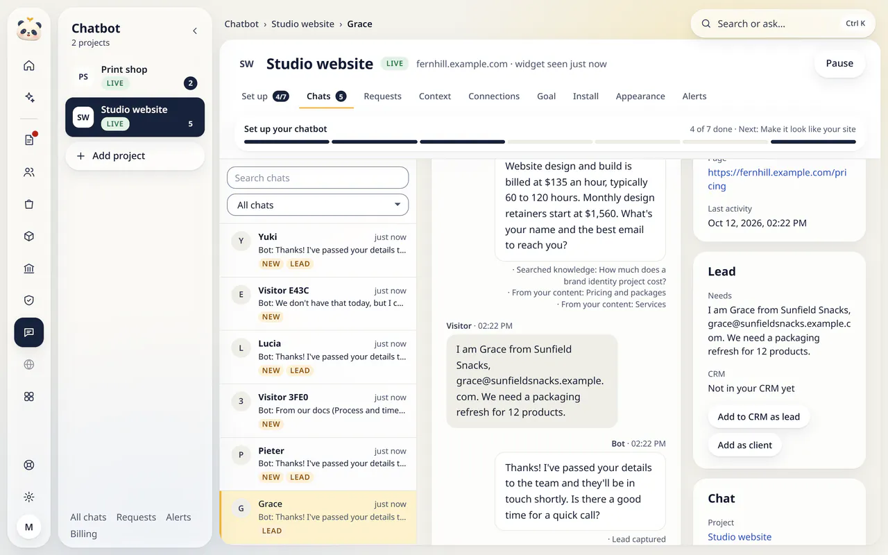 Studio website in LuckPanda for Fernhill Studio: a visitor chat opened from the project's chat list: the visitor asks what a brand identity project costs, the assistant answers from the project's pricing notes and asks for contact details, the visitor (Grace from Sunfield Snacks) leaves an email, and a panel shows the page the chat started on, the captured lead and buttons to add it to CRM.