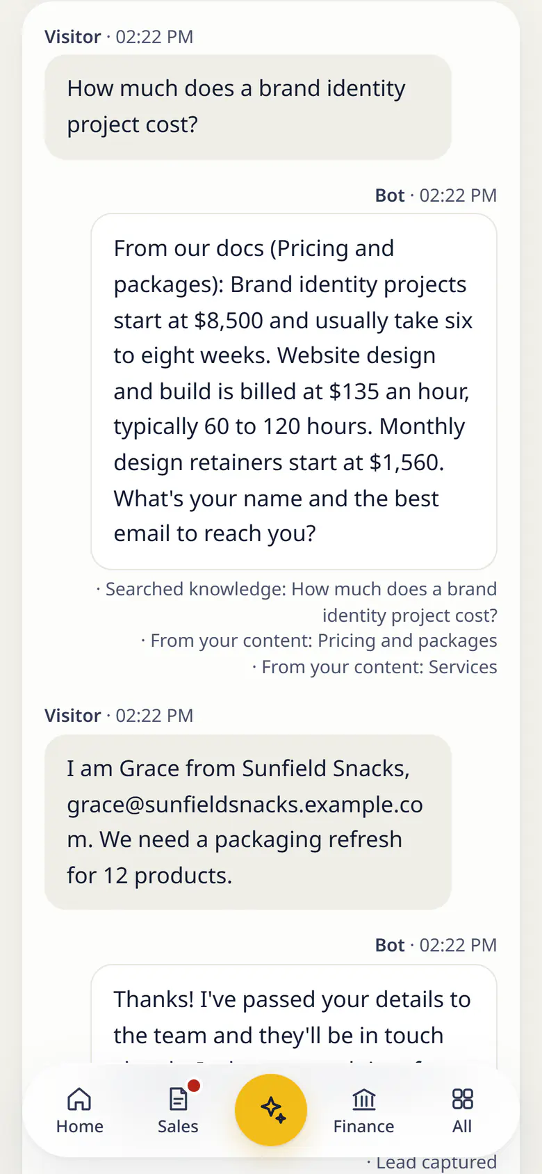 Studio website in LuckPanda for Fernhill Studio on a phone: a visitor chat opened from the project's chat list: the visitor asks what a brand identity project costs, the assistant answers from the project's pricing notes and asks for contact details, the visitor (Grace from Sunfield Snacks) leaves an email, and a panel shows the page the chat started on, the captured lead and buttons to add it to CRM.