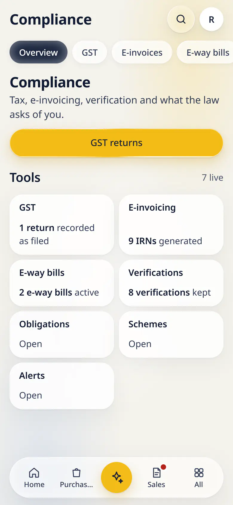 Compliance in LuckPanda for Kesar Textiles on a phone: tool cards: GST (1 return recorded as filed), E-invoicing (9 IRNs generated), E-way bills (2 e-way bills active), Verifications (8 verifications kept), Obligations, Schemes, Alerts.
