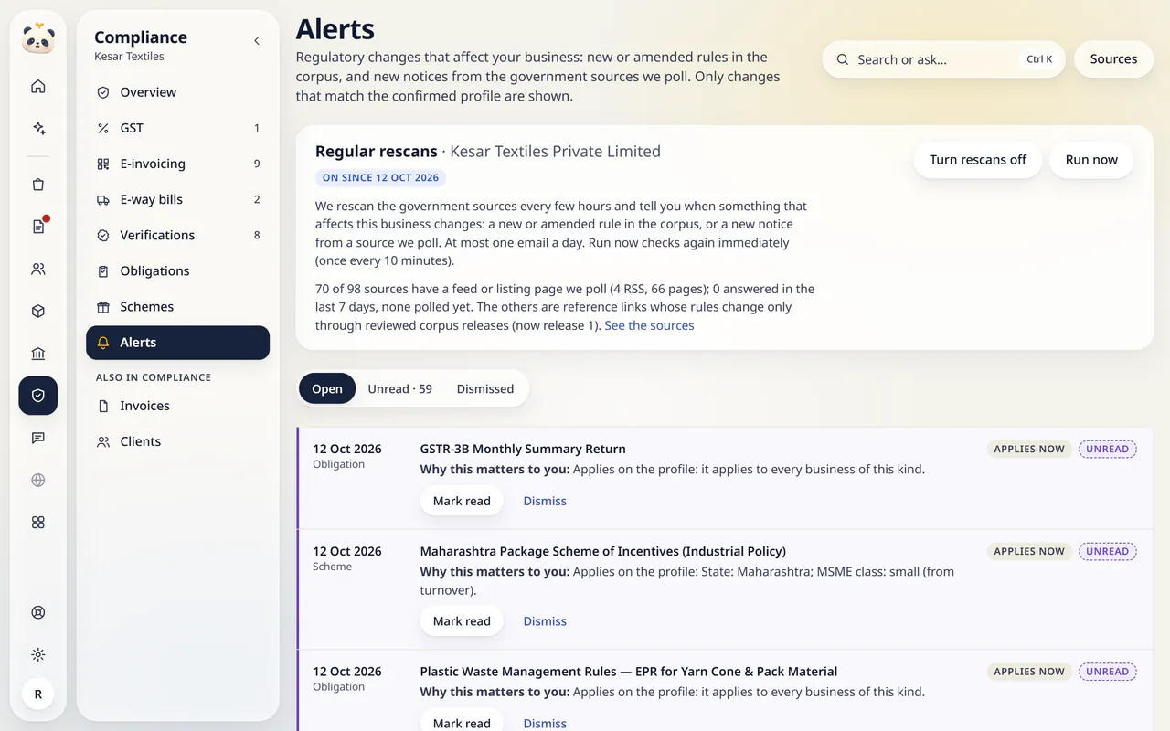 Alerts in LuckPanda for Kesar Textiles: regular rescans switched on for Kesar Textiles Private Limited and the open alerts: obligations and schemes that apply now, each with why it matters and Mark read or Dismiss.