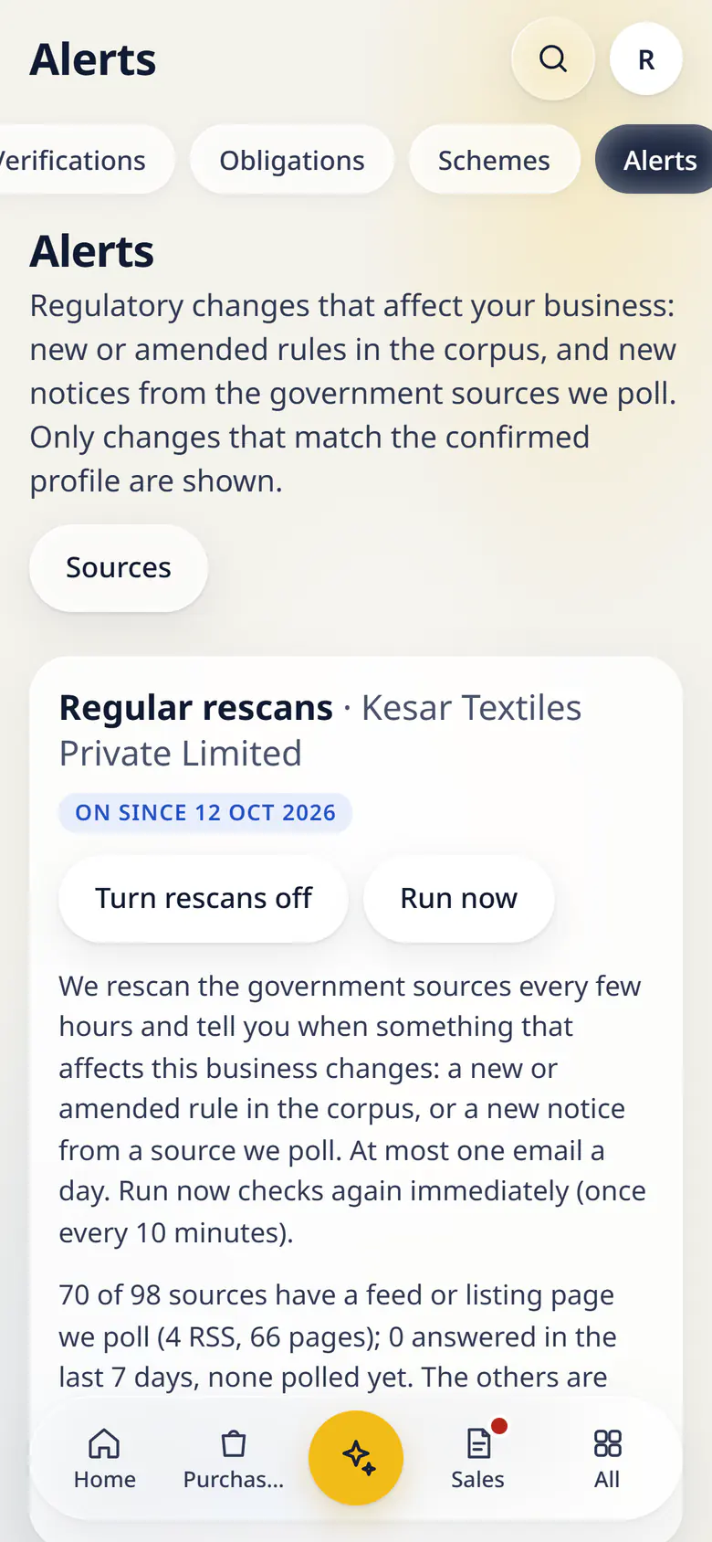 Alerts in LuckPanda for Kesar Textiles on a phone: regular rescans switched on for Kesar Textiles Private Limited and the open alerts: obligations and schemes that apply now, each with why it matters and Mark read or Dismiss.