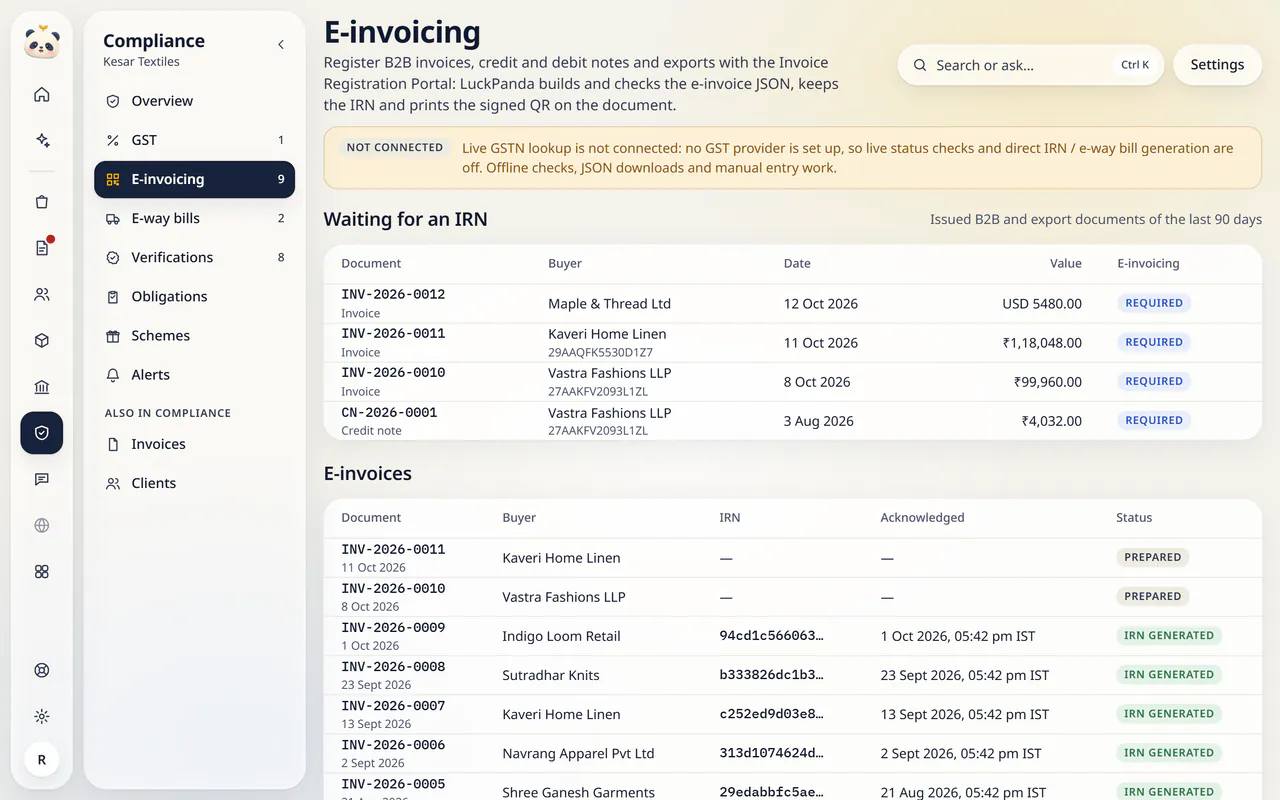 E-invoicing in LuckPanda for Kesar Textiles: rows include INV-2026-0012 Invoice, Maple & Thread Ltd, 12 Oct 2026, USD 5480.00, Required; INV-2026-0011 Invoice, Kaveri Home Linen 29AAQFK5530D1Z7, 11 Oct 2026, ₹1,18,048.00, Required; INV-2026-0010 Invoice, Vastra Fashions LLP 27AAKFV2093L1ZL, 8 Oct 2026, ₹99,960.00, Required.