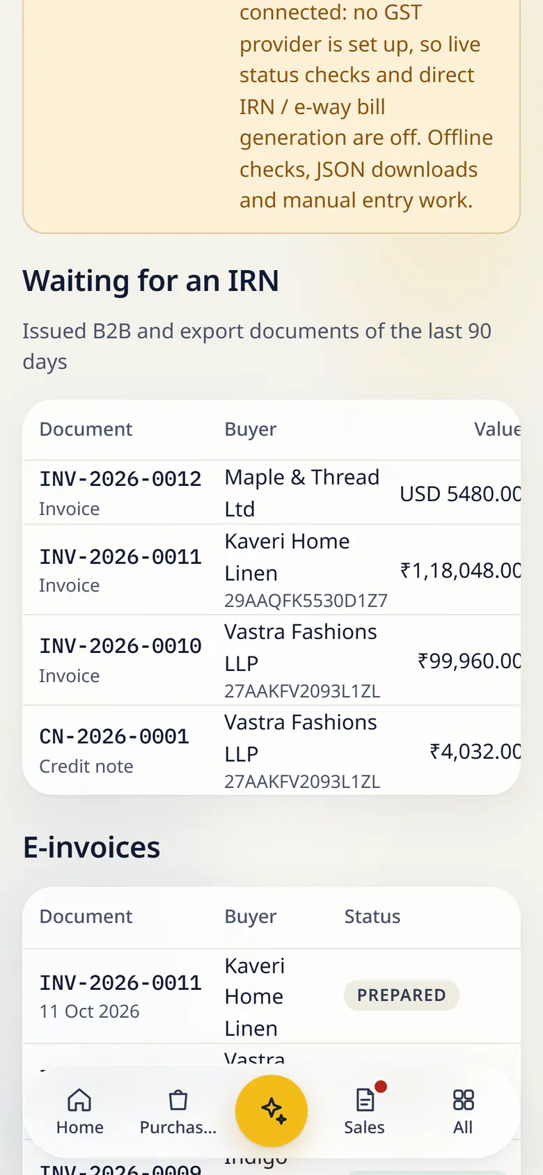 E-invoicing in LuckPanda for Kesar Textiles on a phone: rows include INV-2026-0012 Invoice, Maple & Thread Ltd, USD 5480.00, Required; INV-2026-0011 Invoice, Kaveri Home Linen 29AAQFK5530D1Z7, ₹1,18,048.00, Required.