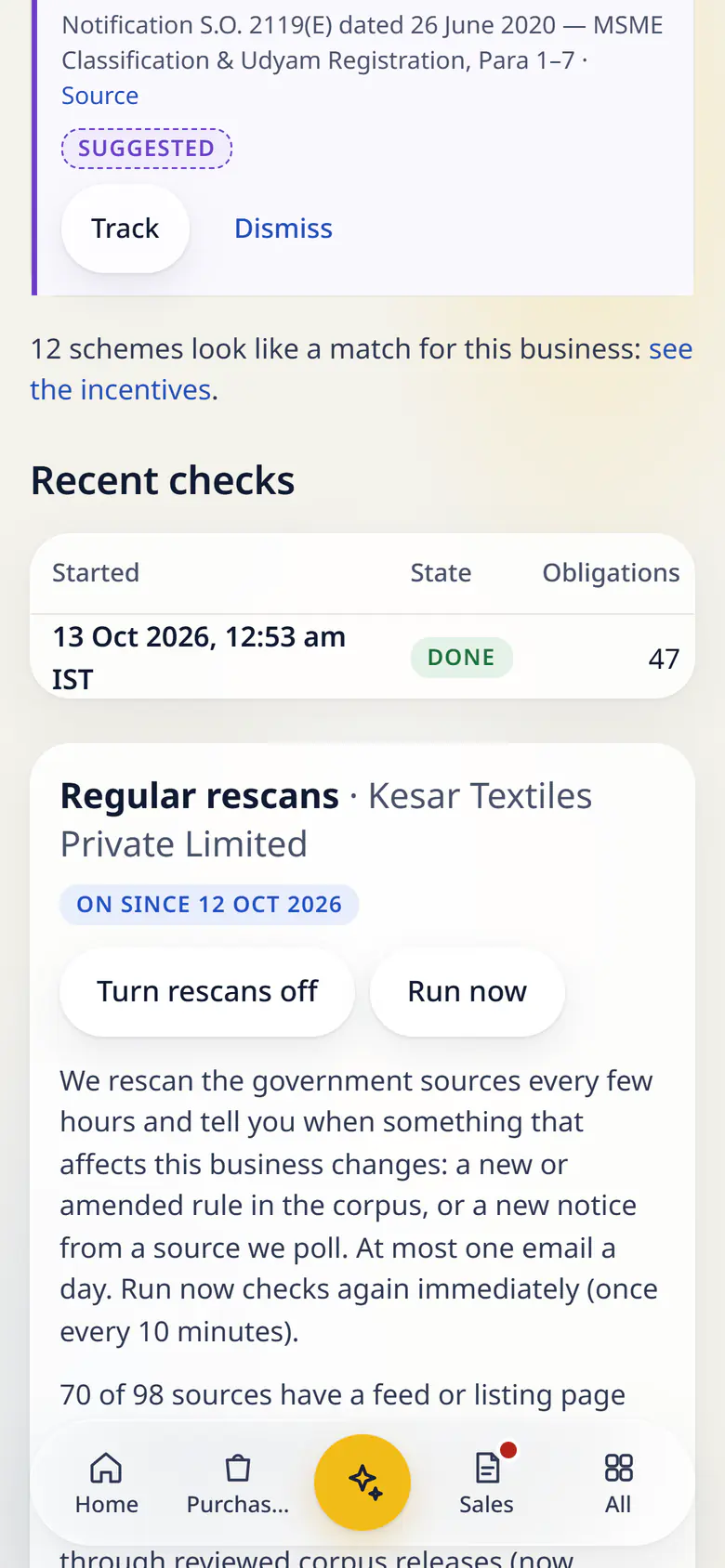Obligations in LuckPanda for Kesar Textiles on a phone: the confirmed business profile of Kesar Textiles (textile weaving in Bhiwandi, Maharashtra, 64 employees, private limited company) with its activities, and the timeline of obligations that apply, starting with the EPF monthly filing due in a few days.