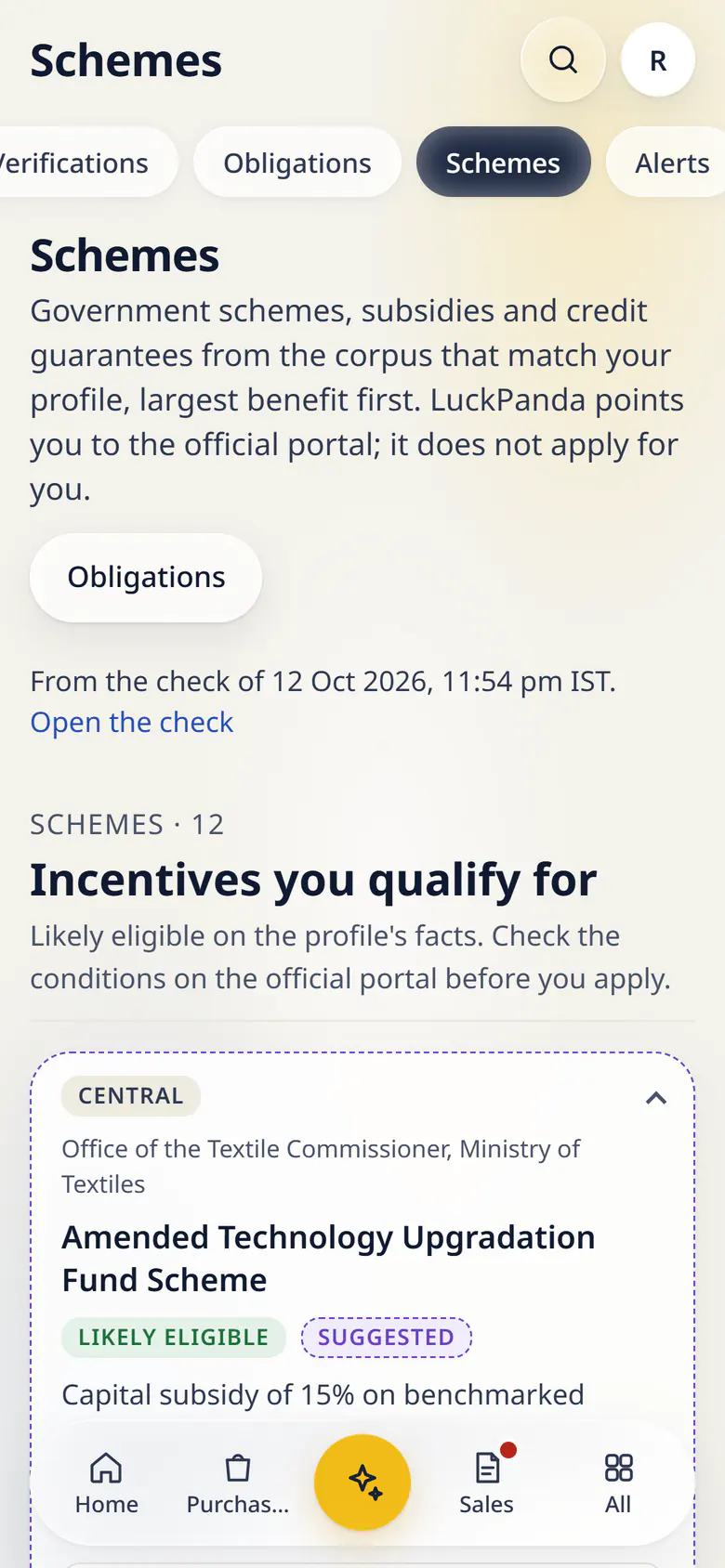 Schemes in LuckPanda for Kesar Textiles on a phone: government schemes and subsidies that match the business profile, largest benefit first, starting with the Amended Technology Upgradation Fund Scheme (a capital subsidy for textile machinery) with why it may apply and its official citation.