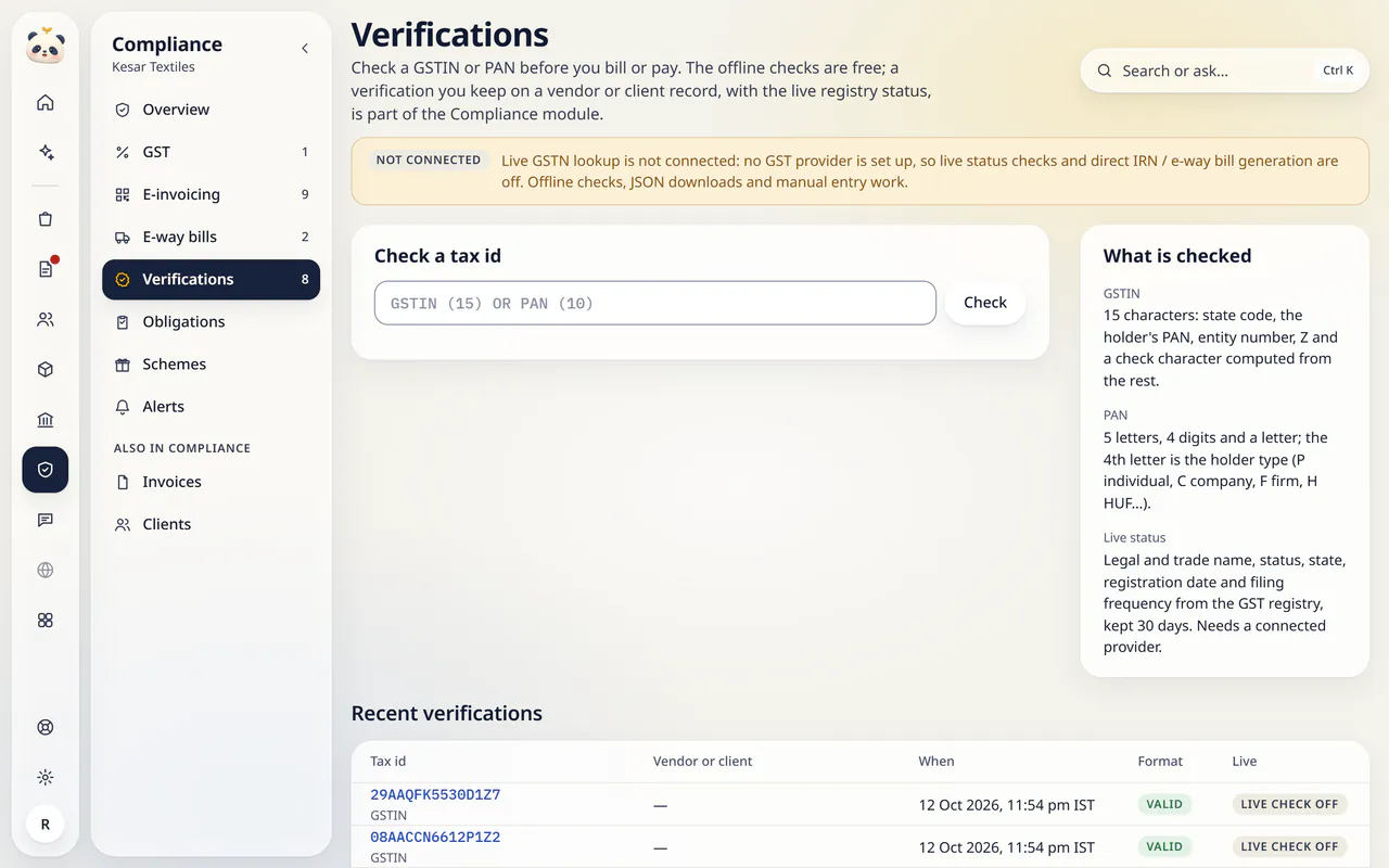 Verifications in LuckPanda for Kesar Textiles: rows include 29AAQFK5530D1Z7 GSTIN, 12 Oct 2026, 11:54 pm IST, Valid, Live check off; 08AACCN6612P1Z2 GSTIN, 12 Oct 2026, 11:54 pm IST, Valid, Live check off; 27AAKFV2093L1ZL GSTIN, 12 Oct 2026, 11:54 pm IST, Valid, Live check off.