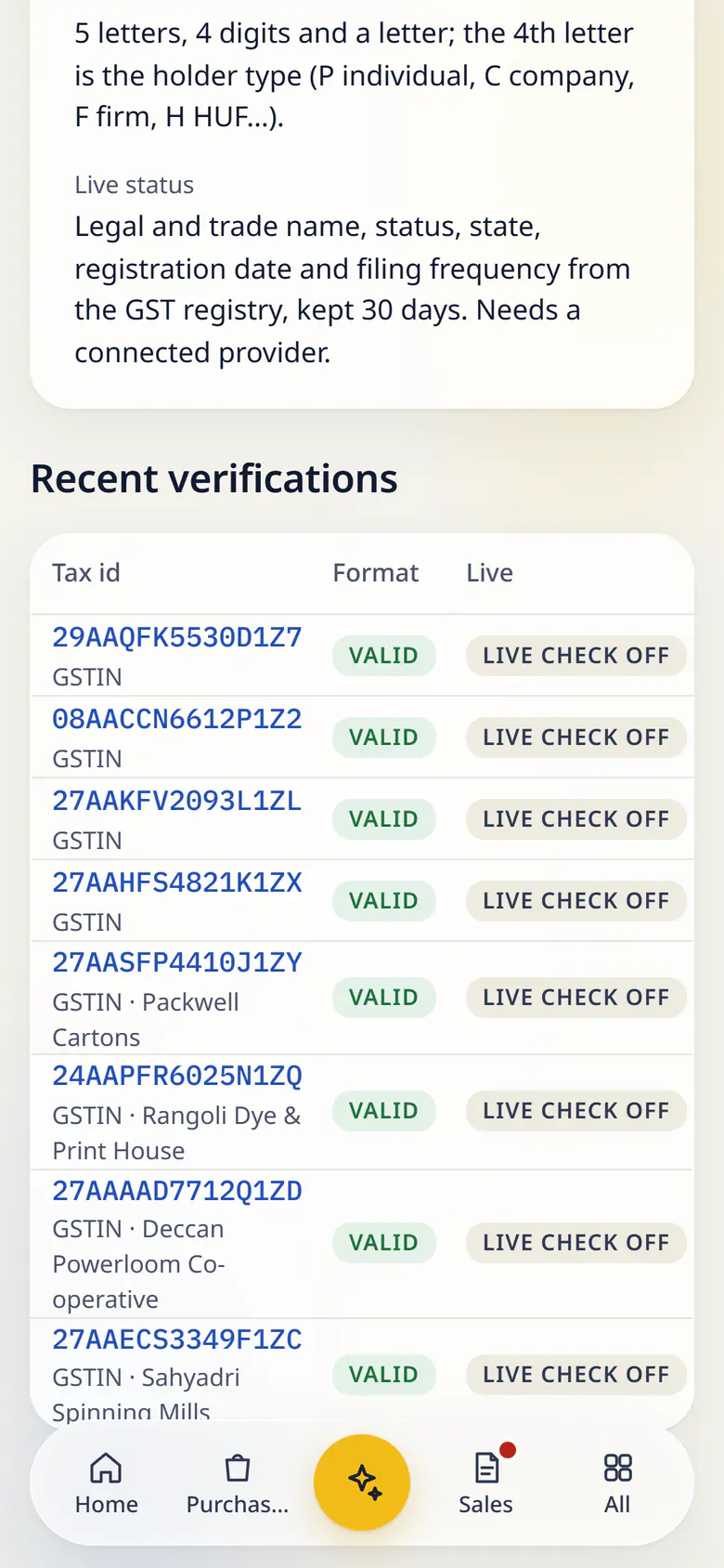Verifications in LuckPanda for Kesar Textiles on a phone: rows include 29AAQFK5530D1Z7 GSTIN, Valid, Live check off; 08AACCN6612P1Z2 GSTIN, Valid, Live check off.