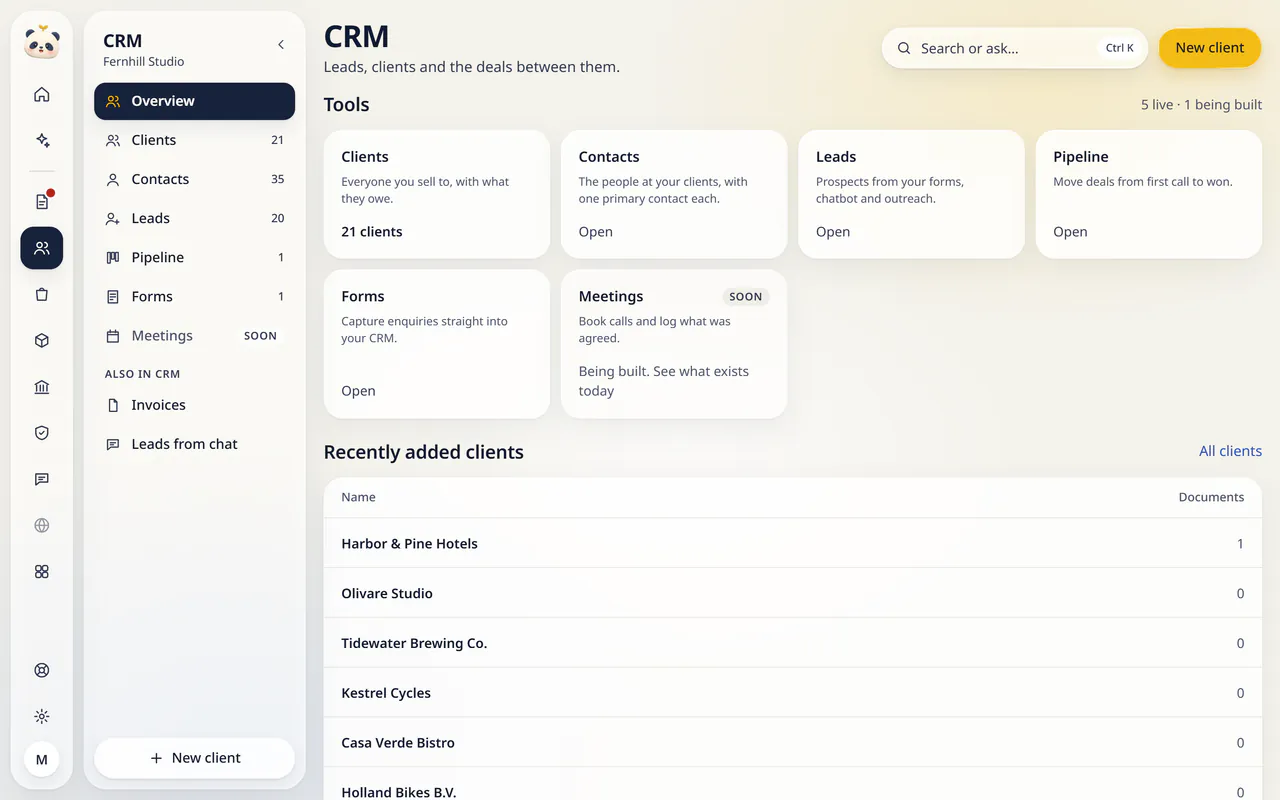 CRM in LuckPanda for Fernhill Studio: tool cards: Clients (21 clients), Contacts, Leads, Pipeline, Forms.