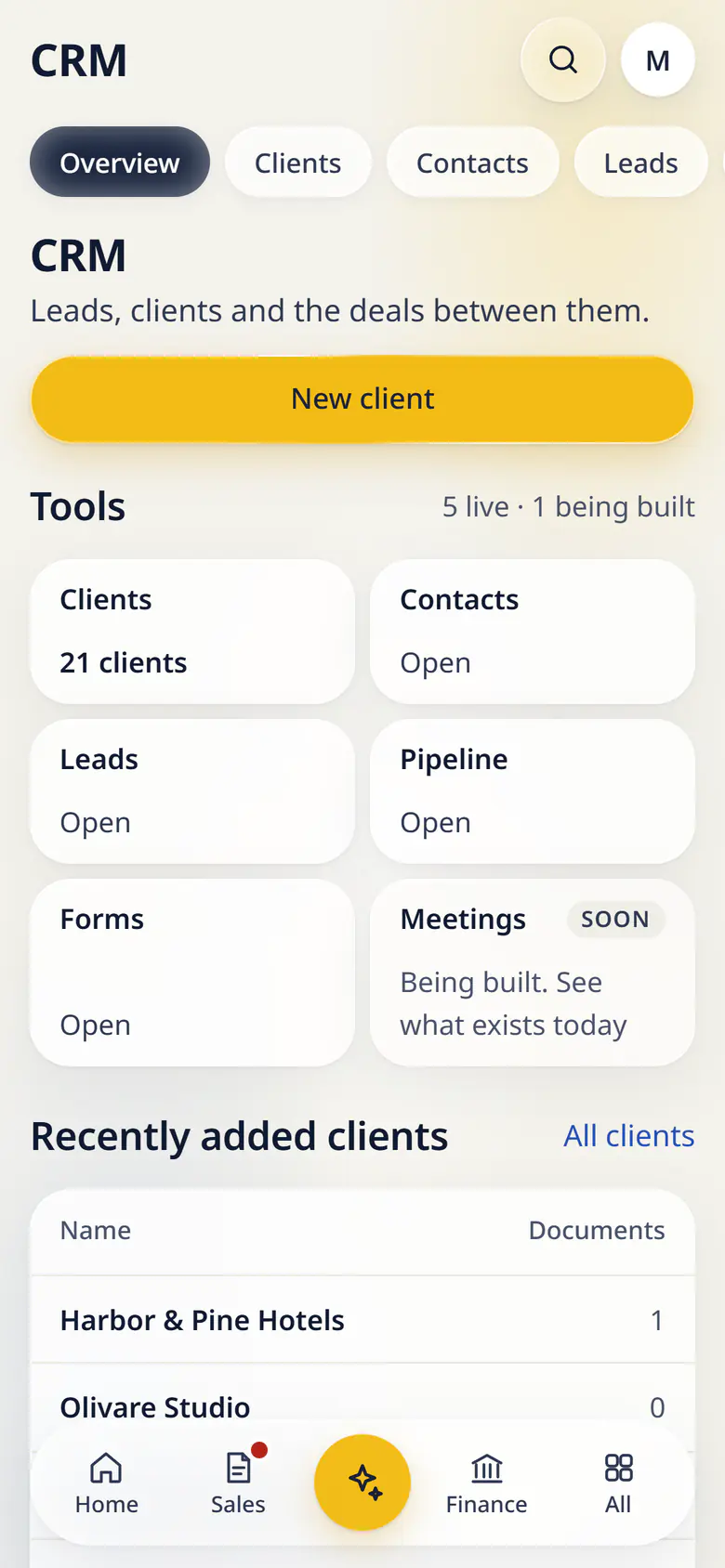 CRM in LuckPanda for Fernhill Studio on a phone: tool cards: Clients (21 clients), Contacts, Leads, Pipeline, Forms.