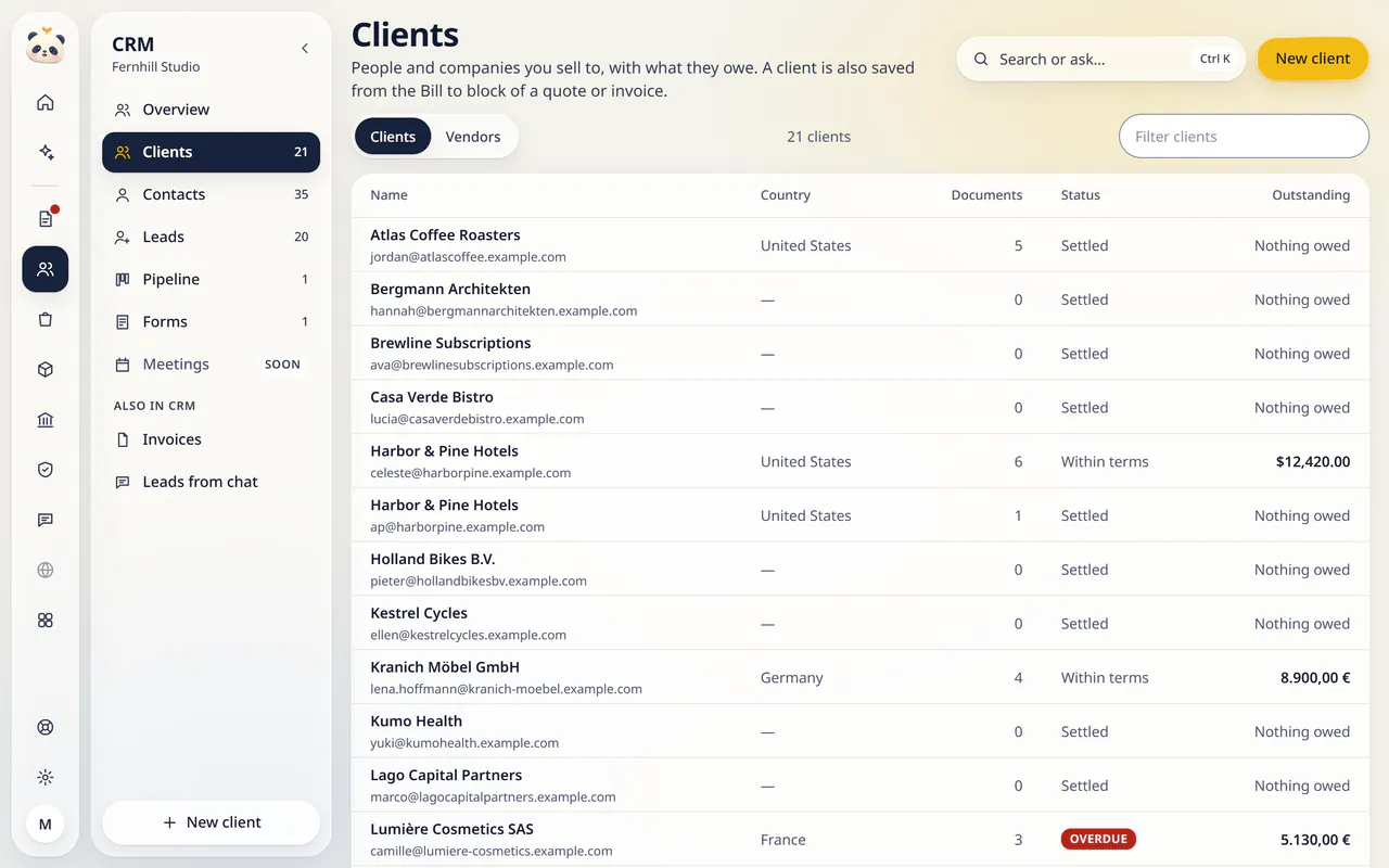 Clients in LuckPanda for Fernhill Studio: rows include Atlas Coffee Roasters jordan@atlascoffee.example.com, United States, 5, Settled, Nothing owed; Bergmann Architekten hannah@bergmannarchitekten.example.com, 0, Settled, Nothing owed; Brewline Subscriptions ava@brewlinesubscriptions.example.com, 0, Settled, Nothing owed.