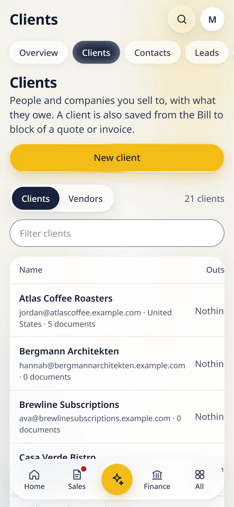 Clients in LuckPanda for Fernhill Studio on a phone: rows include Atlas Coffee Roasters jordan@atlascoffee.example.com · United States · 5 documents, Nothing owed; Bergmann Architekten hannah@bergmannarchitekten.example.com · 0 documents, Nothing owed.