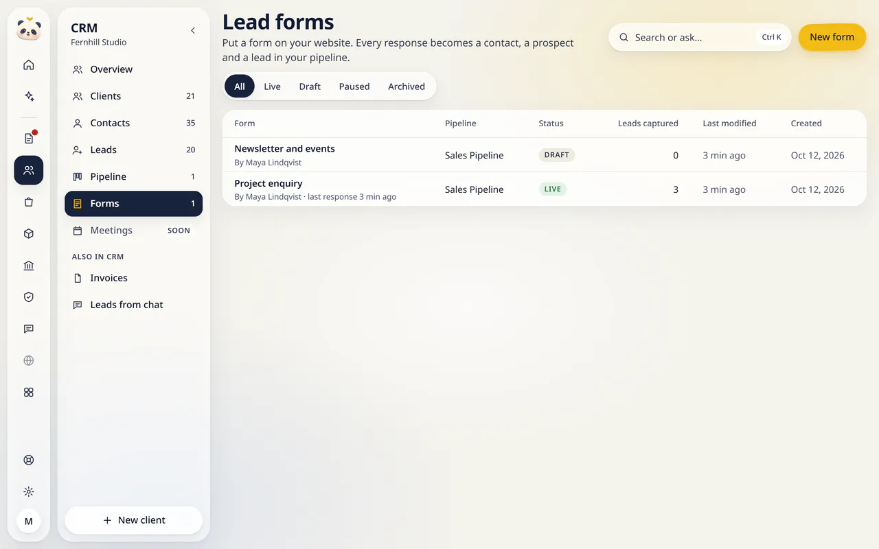Lead forms in LuckPanda for Fernhill Studio: rows include Newsletter and events By Maya Lindqvist, Sales Pipeline, Draft, 0, 3 min ago; Project enquiry By Maya Lindqvist · last response 3 min ago, Sales Pipeline, Live, 3, 3 min ago.