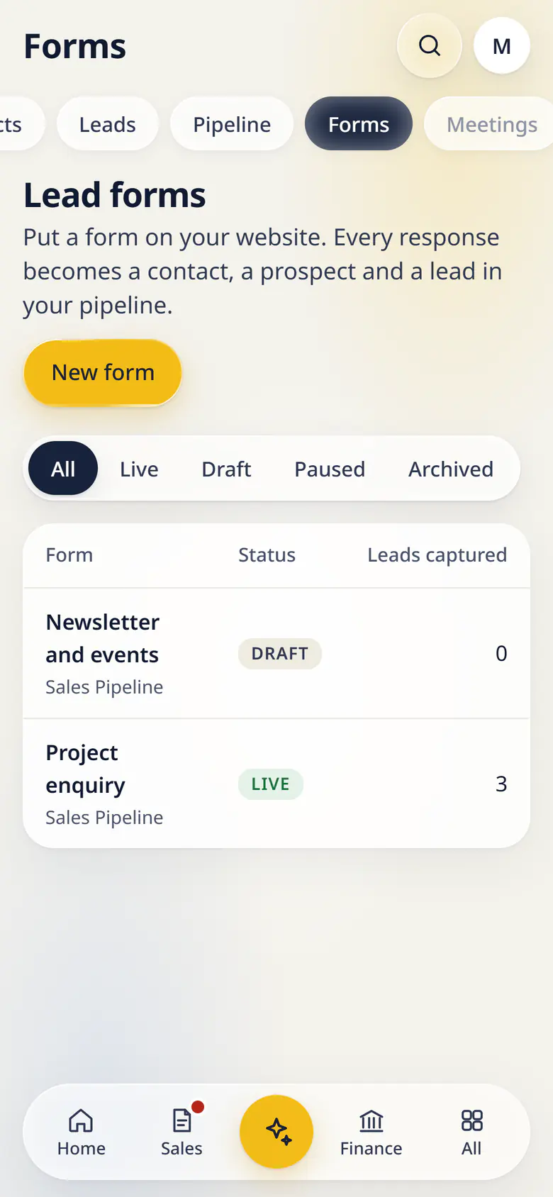 Lead forms in LuckPanda for Fernhill Studio on a phone: rows include Newsletter and events Sales Pipeline, Draft, 0; Project enquiry Sales Pipeline, Live, 3.