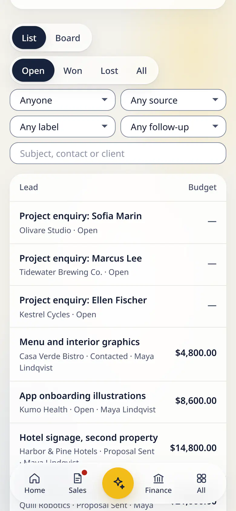 Leads in LuckPanda for Fernhill Studio on a phone: showing conversion 66.7%. Rows include Project enquiry: Sofia Marin Olivare Studio · Open; Project enquiry: Marcus Lee Tidewater Brewing Co. · Open.