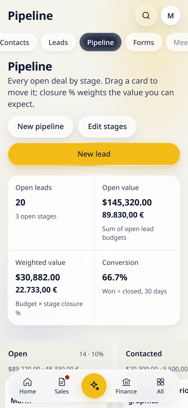 Pipeline in LuckPanda for Fernhill Studio on a phone: showing open leads 20; open value $145,320.00 and 89.830,00 €; weighted value $30,882.00 and 22.733,00 €.
