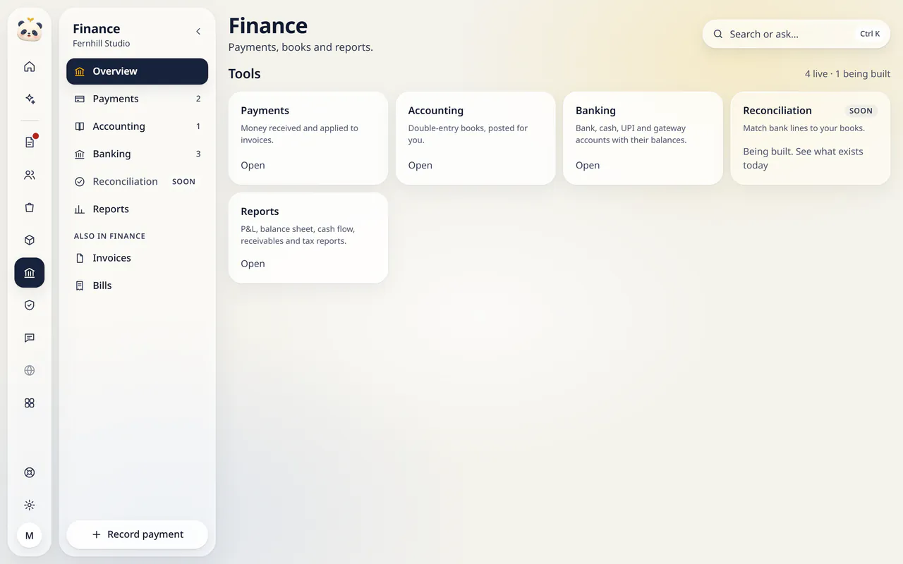 Finance in LuckPanda for Fernhill Studio: tool cards: Payments, Accounting, Banking, Reports.