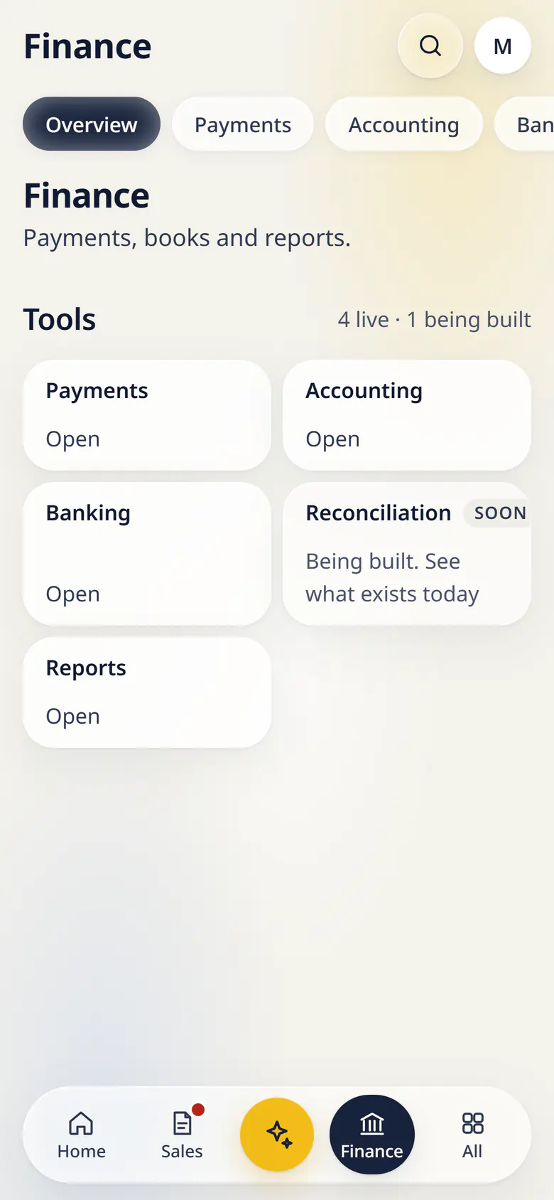 Finance in LuckPanda for Fernhill Studio on a phone: tool cards: Payments, Accounting, Banking, Reports.