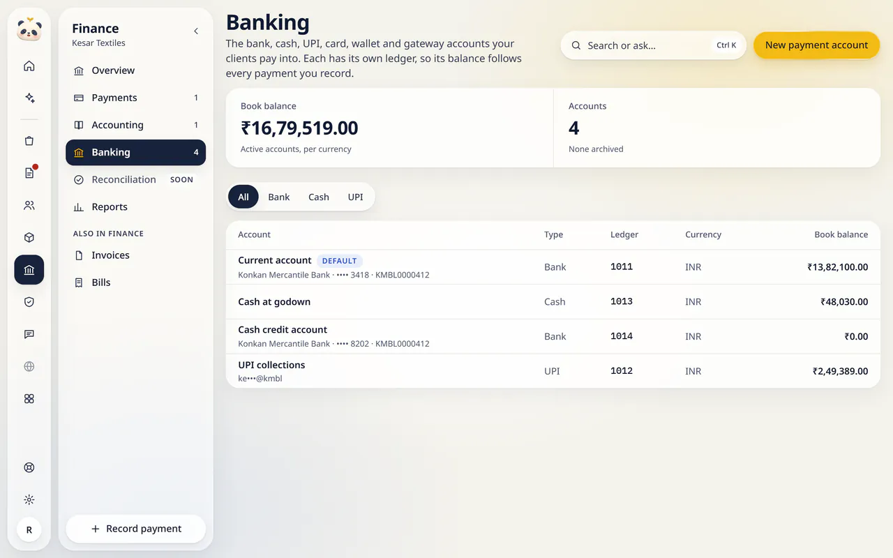 Banking in LuckPanda for Kesar Textiles: showing book balance ₹16,79,519.00; accounts 4. Rows include Current account Default Konkan Mercantile Bank · •••• 3418 · KMBL0000412, Bank, 1011, INR, ₹13,82,100.00; Cash at godown, Cash, 1013, INR, ₹48,030.00; Cash credit account Konkan Mercantile Bank · •••• 8202 · KMBL0000412, Bank, 1014, INR, ₹0.00.