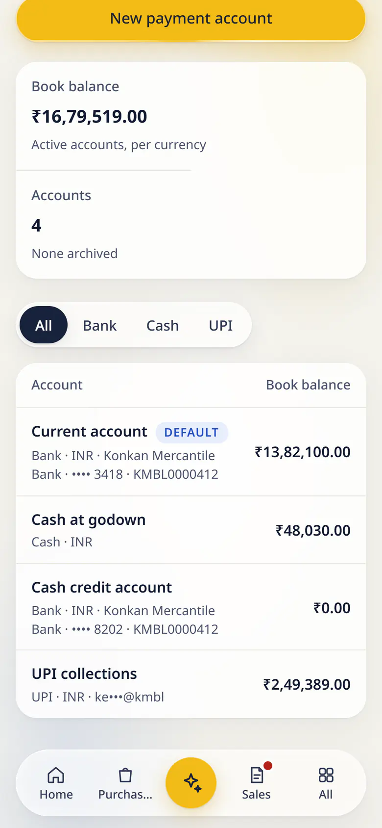 Banking in LuckPanda for Kesar Textiles on a phone: showing book balance ₹16,79,519.00; accounts 4. Rows include Current account Default Bank · INR · Konkan Mercantile Bank · •••• 3418 · KMBL0000412, ₹13,82,100.00; Cash at godown Cash · INR, ₹48,030.00.