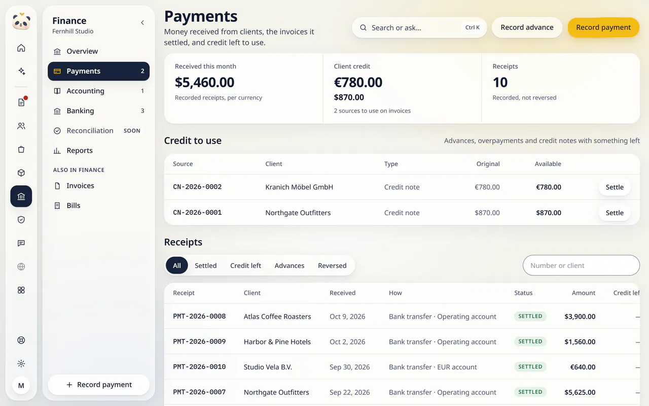 Payments in LuckPanda for Fernhill Studio: showing received this month $5,460.00; client credit €780.00 and $870.00; receipts 10. Rows include CN-2026-0002, Kranich Möbel GmbH, Credit note, €780.00, €780.00; CN-2026-0001, Northgate Outfitters, Credit note, $870.00, $870.00.