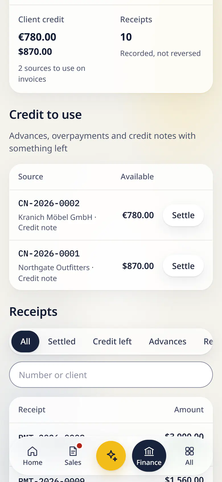 Payments in LuckPanda for Fernhill Studio on a phone: showing received this month $5,460.00; client credit €780.00 and $870.00; receipts 10. Rows include CN-2026-0002 Kranich Möbel GmbH · Credit note, €780.00, Settle; CN-2026-0001 Northgate Outfitters · Credit note, $870.00, Settle.