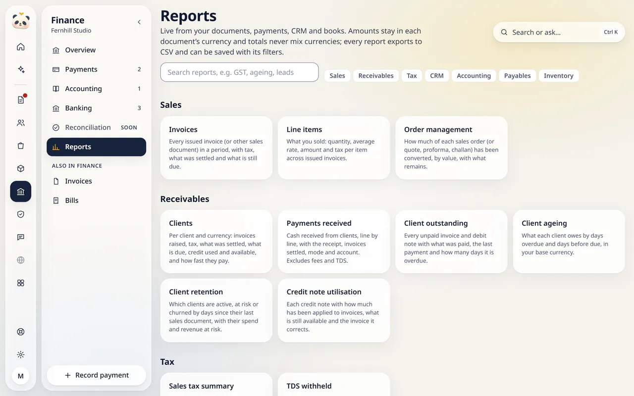 Reports in LuckPanda for Fernhill Studio: the report catalogue grouped as Sales, Receivables, Tax, CRM, Accounting, Payables and Inventory, with a search box and report cards such as Invoices, Line items, Order management, Client ageing and Sales tax summary.