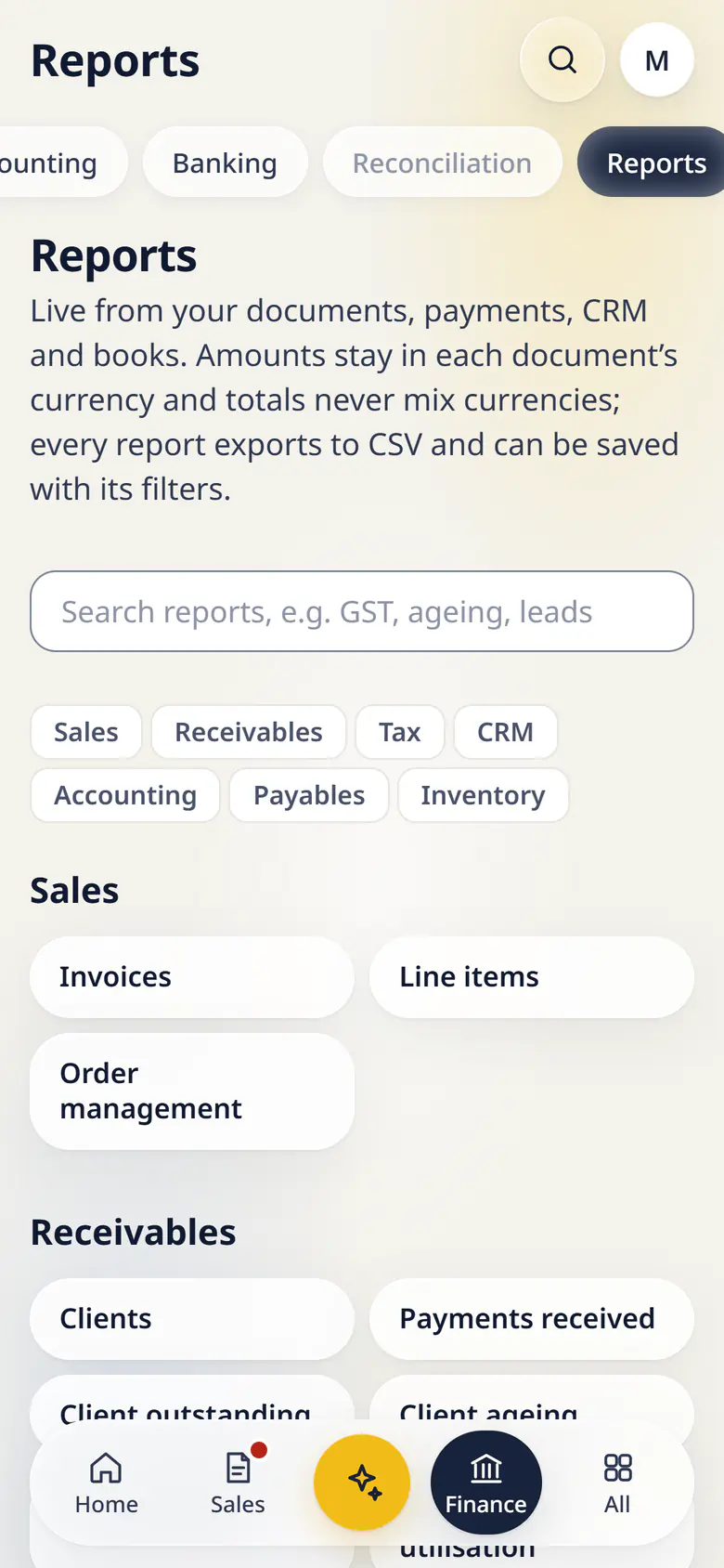 Reports in LuckPanda for Fernhill Studio on a phone: the report catalogue grouped as Sales, Receivables, Tax, CRM, Accounting, Payables and Inventory, with a search box and report cards such as Invoices, Line items, Order management, Client ageing and Sales tax summary.