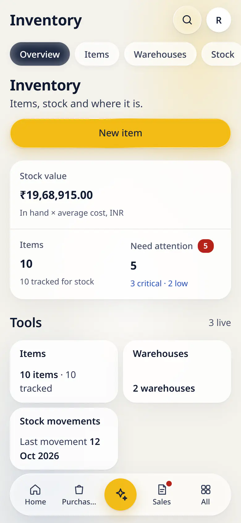 Inventory in LuckPanda for Kesar Textiles on a phone: showing stock value ₹19,68,915.00; items 10; need attention 5. Tool cards: Items (10 items · 10 tracked), Warehouses (2 warehouses), Stock movements (Last movement 12 Oct 2026).
