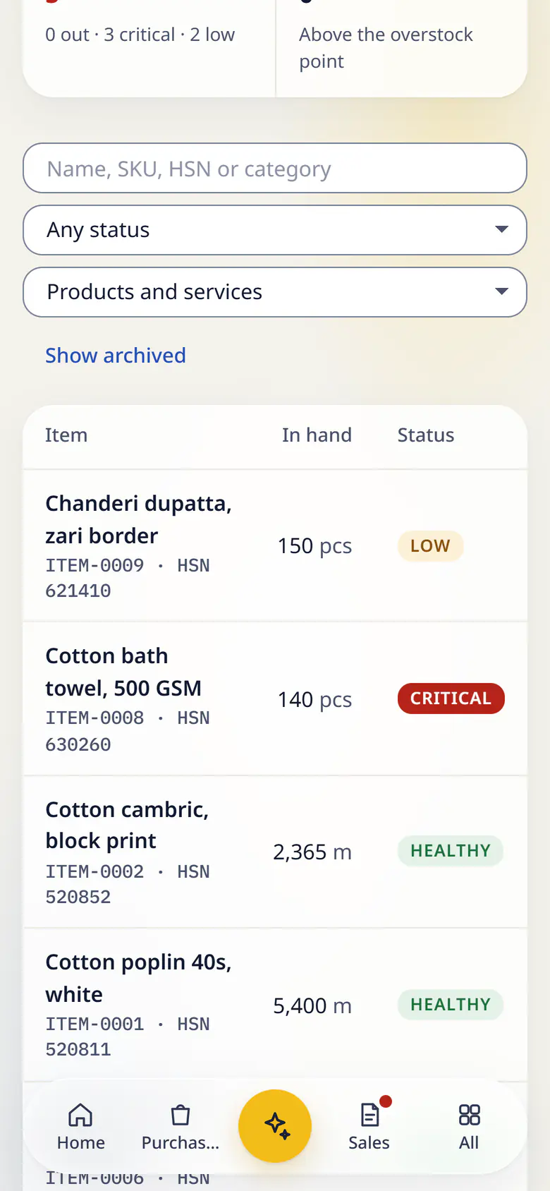 Items in LuckPanda for Kesar Textiles on a phone: showing need attention 5; overstock 0. Rows include Chanderi dupatta, zari border ITEM-0009 · HSN 621410, 150 pcs, Low; Cotton bath towel, 500 GSM ITEM-0008 · HSN 630260, 140 pcs, Critical.
