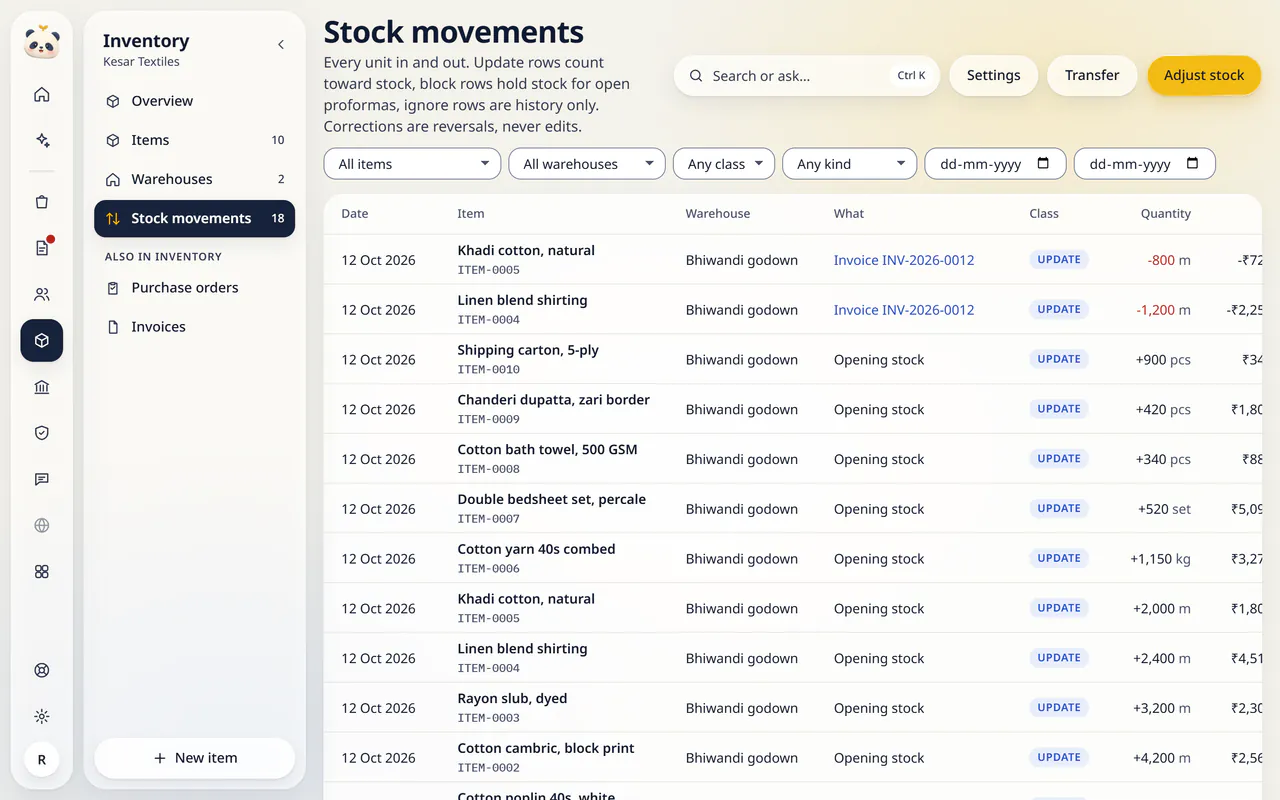 Stock movements in LuckPanda for Kesar Textiles: rows include 12 Oct 2026, Khadi cotton, natural ITEM-0005, Bhiwandi godown, Invoice INV-2026-0012, Update; 12 Oct 2026, Linen blend shirting ITEM-0004, Bhiwandi godown, Invoice INV-2026-0012, Update; 12 Oct 2026, Shipping carton, 5-ply ITEM-0010, Bhiwandi godown, Opening stock, Update.