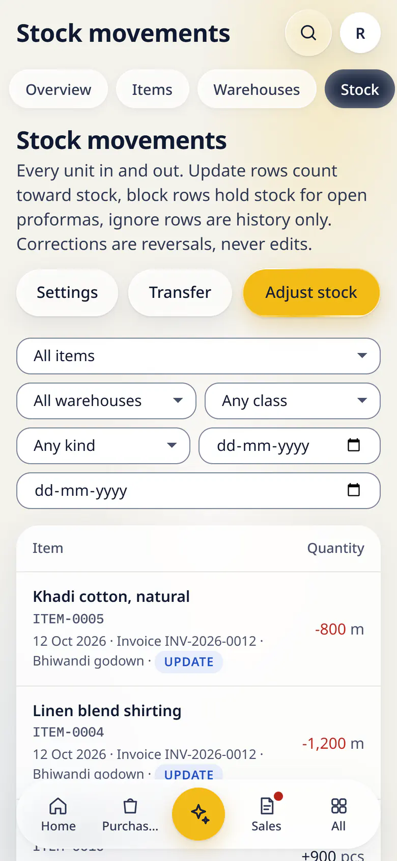 Stock movements in LuckPanda for Kesar Textiles on a phone: rows include Khadi cotton, natural ITEM-0005 12 Oct 2026 · Invoice INV-2026-0012 · Bhiwandi godown · Update, -800 m; Linen blend shirting ITEM-0004 12 Oct 2026 · Invoice INV-2026-0012 · Bhiwandi godown · Update, -1,200 m.