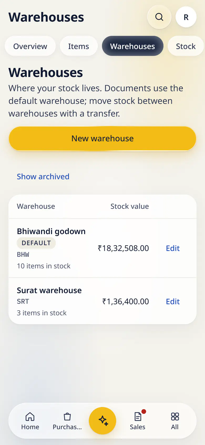 Warehouses in LuckPanda for Kesar Textiles on a phone: rows include Bhiwandi godown Default BHW 10 items in stock, ₹18,32,508.00, Edit; Surat warehouse SRT 3 items in stock, ₹1,36,400.00, Edit.