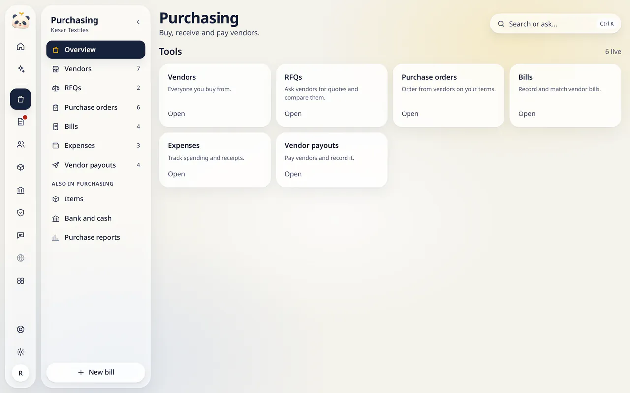 Purchasing in LuckPanda for Kesar Textiles: tool cards: Vendors, RFQs, Purchase orders, Bills, Expenses, Vendor payouts.