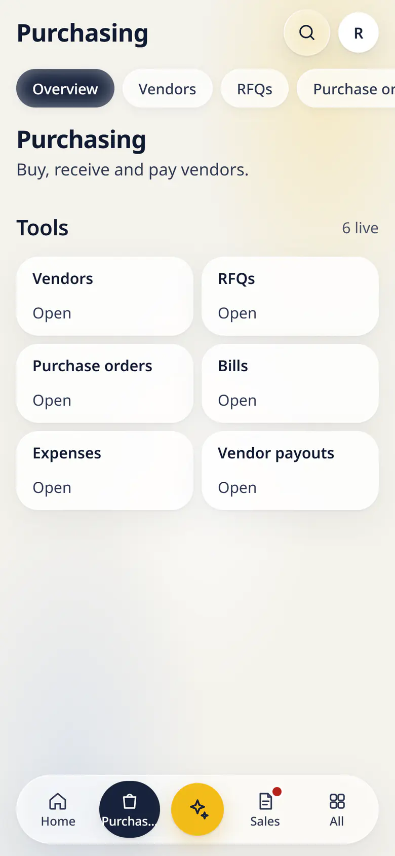 Purchasing in LuckPanda for Kesar Textiles on a phone: tool cards: Vendors, RFQs, Purchase orders, Bills, Expenses, Vendor payouts.