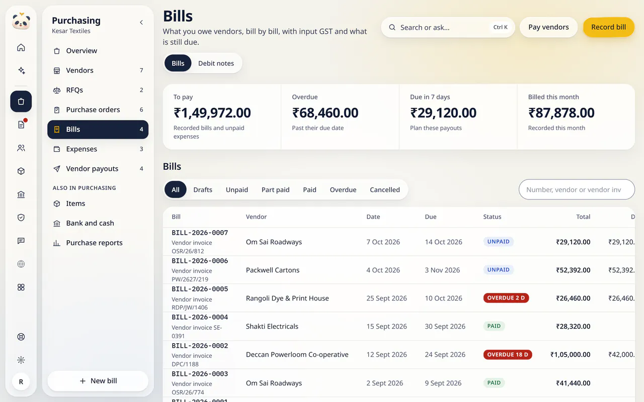 Bills in LuckPanda for Kesar Textiles: showing to pay ₹1,49,972.00; overdue ₹68,460.00; due in 7 days ₹29,120.00. Rows include BILL-2026-0007 Vendor invoice OSR/26/812, Om Sai Roadways, 7 Oct 2026, 14 Oct 2026, Unpaid; BILL-2026-0006 Vendor invoice PW/2627/219, Packwell Cartons, 4 Oct 2026, 3 Nov 2026, Unpaid; BILL-2026-0005 Vendor invoice RDP/JW/1406, Rangoli Dye & Print House, 25 Sept 2026, 10 Oct 2026, Overdue…