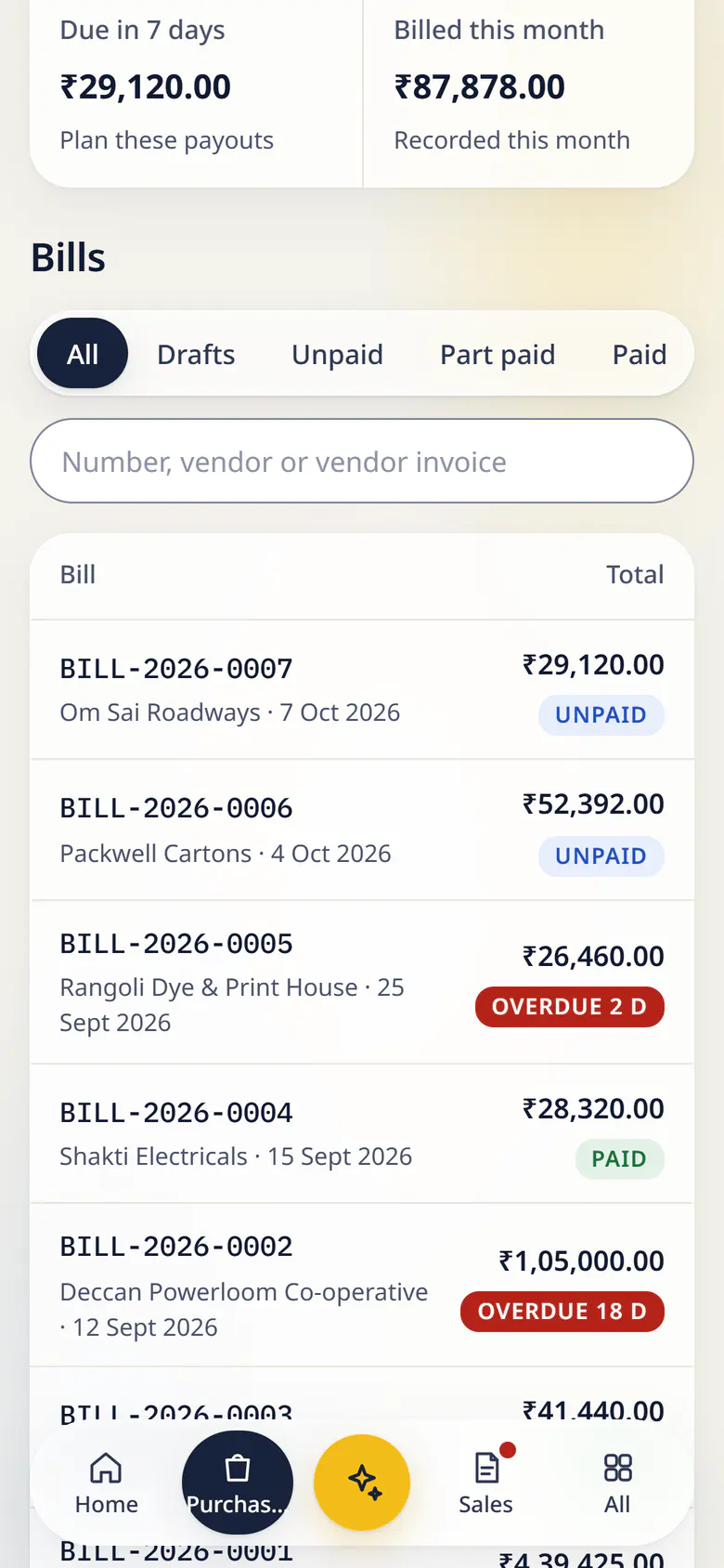 Bills in LuckPanda for Kesar Textiles on a phone: showing due in 7 days ₹29,120.00; billed this month ₹87,878.00. Rows include BILL-2026-0007 Om Sai Roadways · 7 Oct 2026, ₹29,120.00 Unpaid; BILL-2026-0006 Packwell Cartons · 4 Oct 2026, ₹52,392.00 Unpaid.