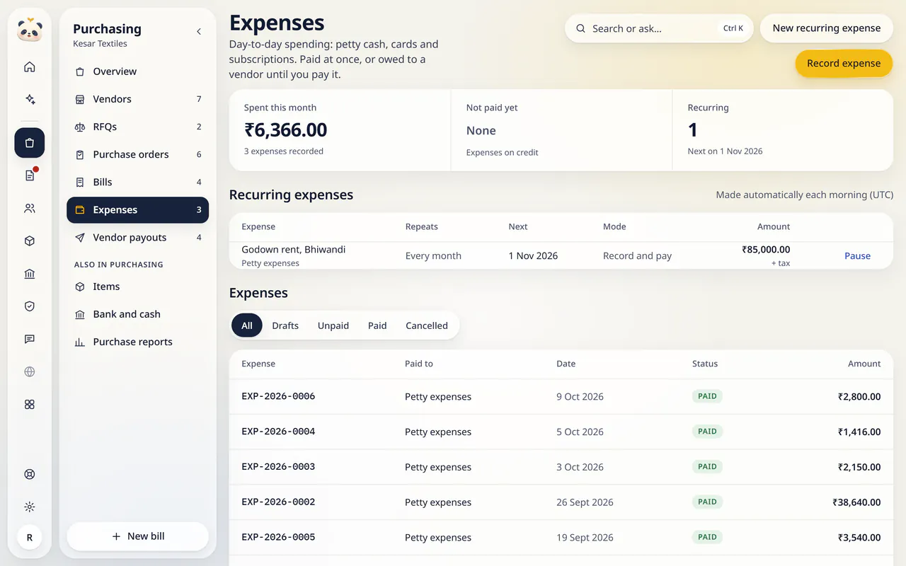 Expenses in LuckPanda for Kesar Textiles: showing spent this month ₹6,366.00; not paid yet None; recurring 1. Rows include Godown rent, Bhiwandi Petty expenses, Every month, 1 Nov 2026, Record and pay, ₹85,000.00 + tax.