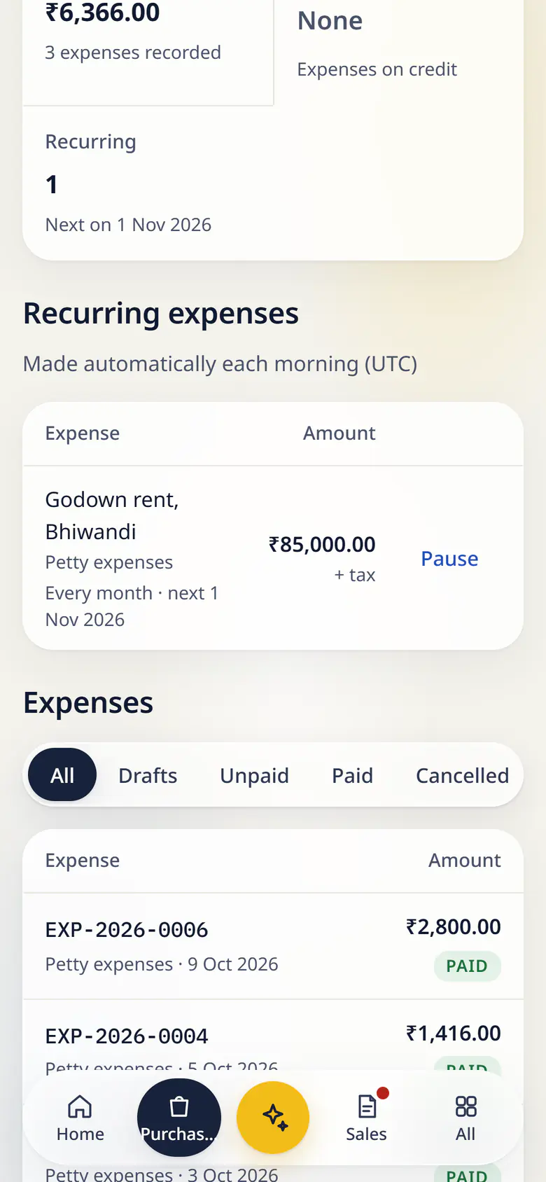 Expenses in LuckPanda for Kesar Textiles on a phone: showing spent this month ₹6,366.00; not paid yet None; recurring 1. Rows include Godown rent, Bhiwandi Petty expenses Every month · next 1 Nov 2026, ₹85,000.00 + tax, Pause.