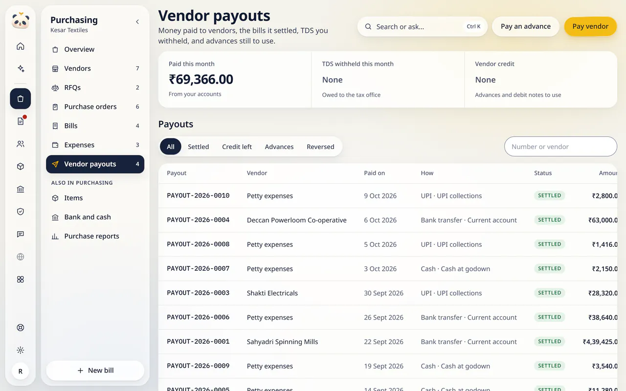 Vendor payouts in LuckPanda for Kesar Textiles: showing paid this month ₹69,366.00; tds withheld this month None; vendor credit None. Rows include PAYOUT-2026-0010, Petty expenses, 9 Oct 2026, UPI · UPI collections, Settled; PAYOUT-2026-0004, Deccan Powerloom Co-operative, 6 Oct 2026, Bank transfer · Current account, Settled; PAYOUT-2026-0008, Petty expenses, 5 Oct 2026, UPI · UPI collections, Settled.