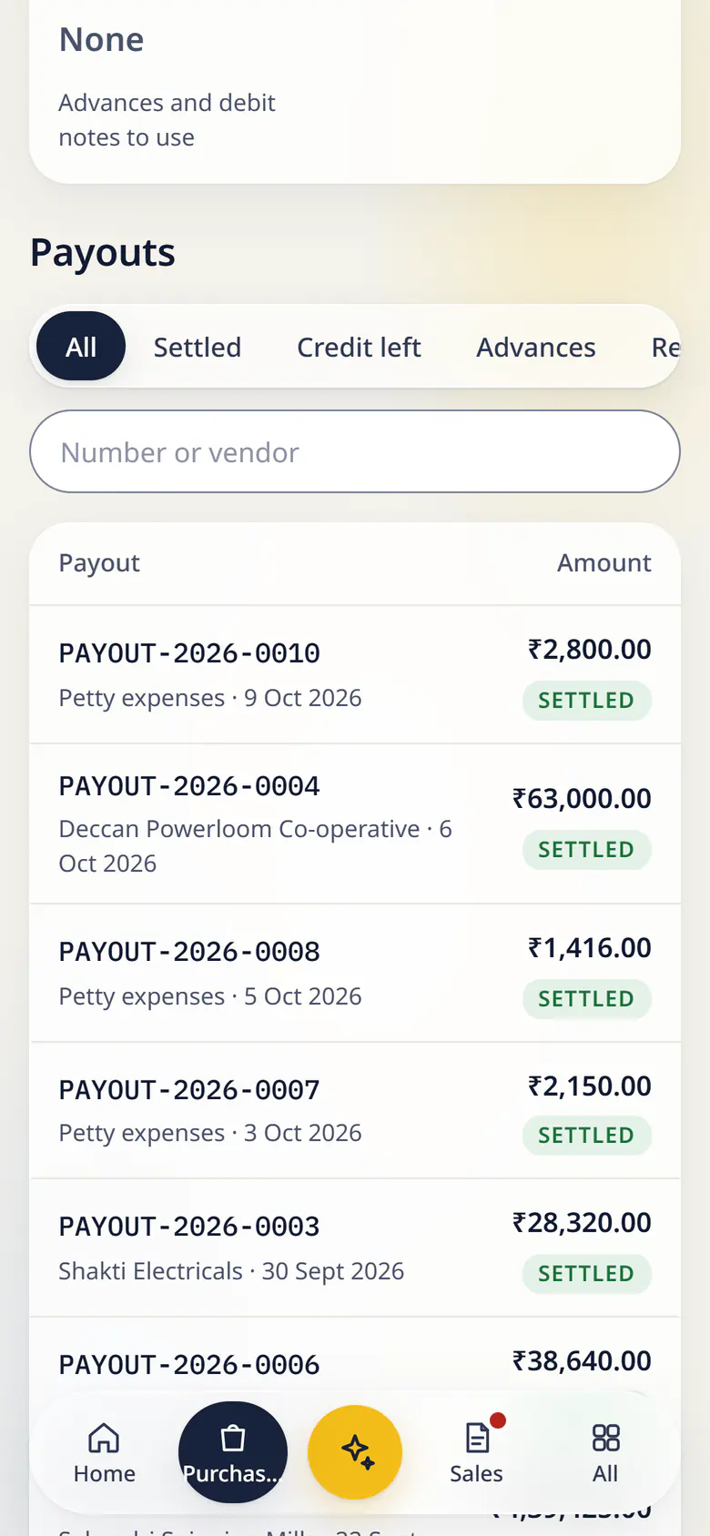 Vendor payouts in LuckPanda for Kesar Textiles on a phone: showing vendor credit None. Rows include PAYOUT-2026-0010 Petty expenses · 9 Oct 2026, ₹2,800.00 Settled; PAYOUT-2026-0004 Deccan Powerloom Co-operative · 6 Oct 2026, ₹63,000.00 Settled.