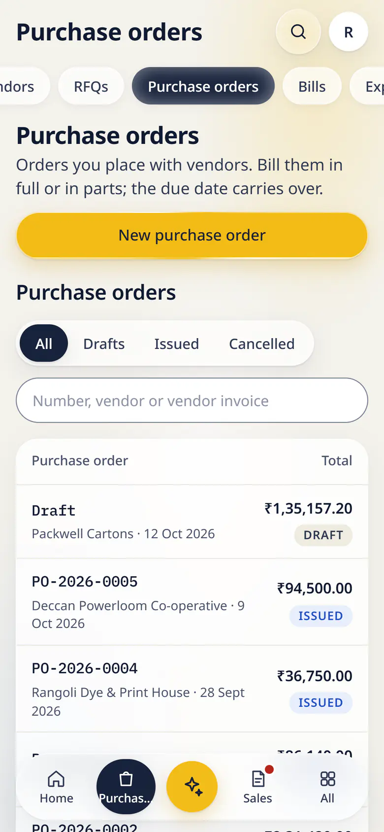 Purchase orders in LuckPanda for Kesar Textiles on a phone: rows include Draft Packwell Cartons · 12 Oct 2026, ₹1,35,157.20 Draft; PO-2026-0005 Deccan Powerloom Co-operative · 9 Oct 2026, ₹94,500.00 Issued.