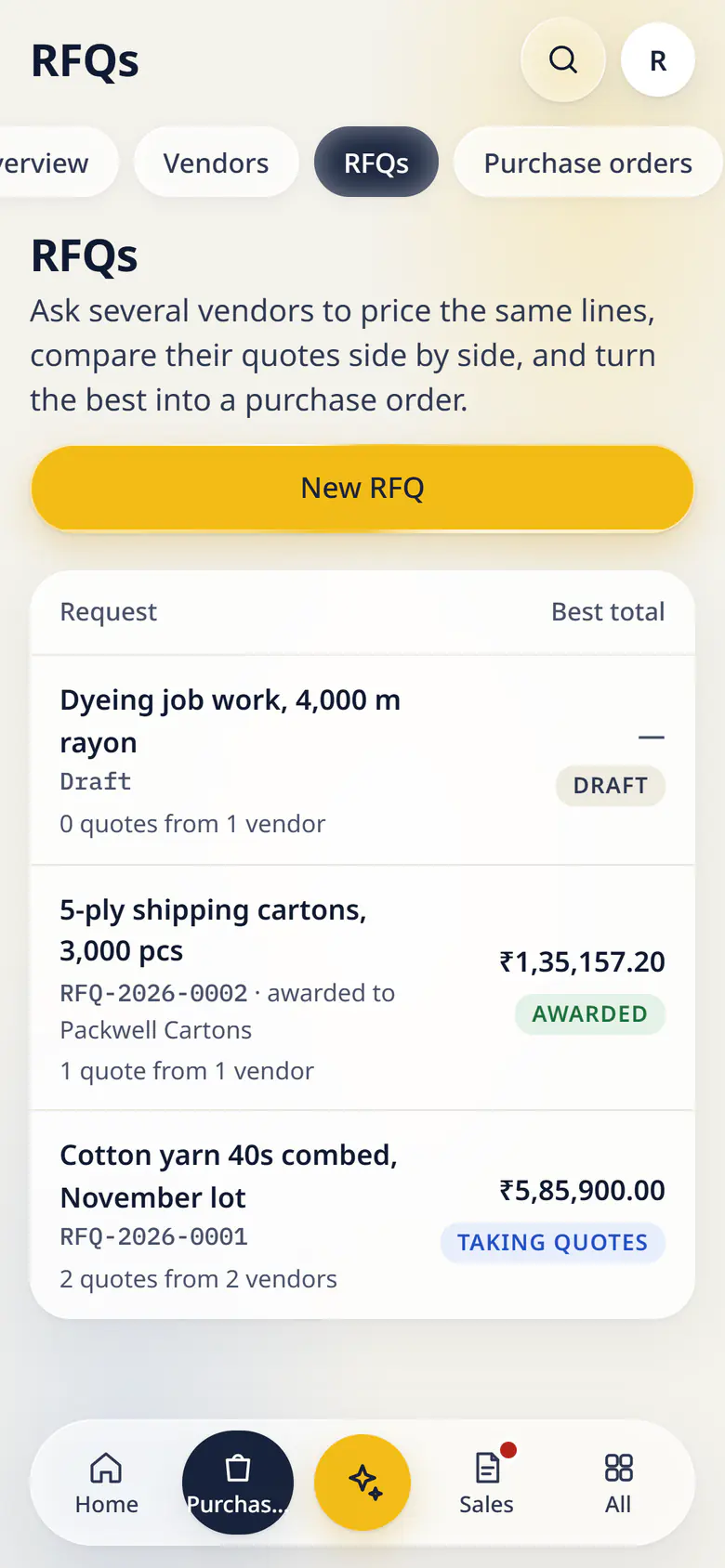 RFQs in LuckPanda for Kesar Textiles on a phone: rows include Dyeing job work, 4,000 m rayon Draft 0 quotes from 1 vendor, — Draft; 5-ply shipping cartons, 3,000 pcs RFQ-2026-0002 · awarded to Packwell Cartons 1 quote from 1 vendor, ₹1,35,157.20 Awarded.