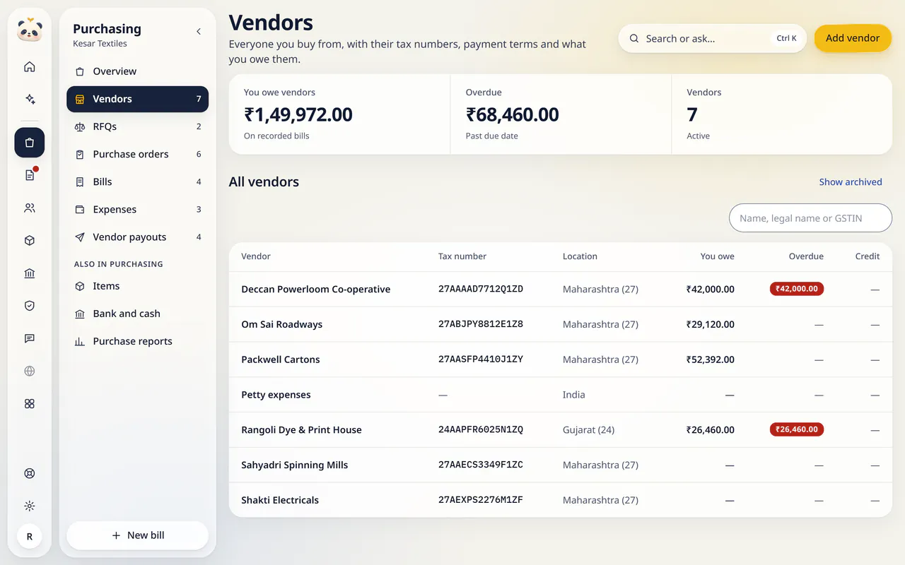 Vendors in LuckPanda for Kesar Textiles: showing you owe vendors ₹1,49,972.00; overdue ₹68,460.00; vendors 7. Rows include Deccan Powerloom Co-operative, 27AAAAD7712Q1ZD, Maharashtra (27), ₹42,000.00, ₹42,000.00; Om Sai Roadways, 27ABJPY8812E1Z8, Maharashtra (27), ₹29,120.00; Packwell Cartons, 27AASFP4410J1ZY, Maharashtra (27), ₹52,392.00.