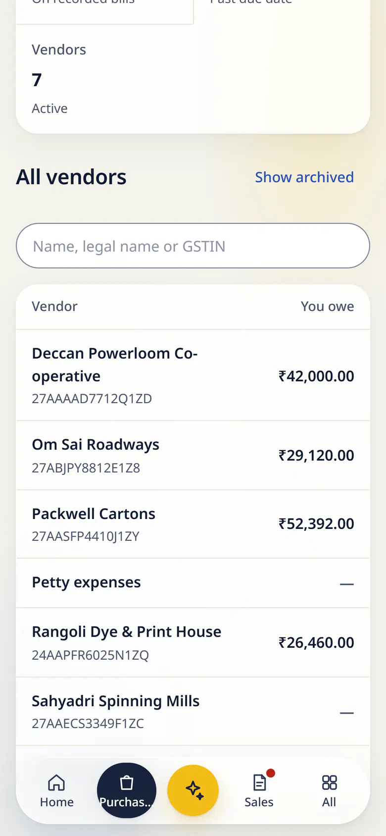 Vendors in LuckPanda for Kesar Textiles on a phone: showing you owe vendors ₹1,49,972.00; overdue ₹68,460.00; vendors 7. Rows include Deccan Powerloom Co-operative 27AAAAD7712Q1ZD, ₹42,000.00; Om Sai Roadways 27ABJPY8812E1Z8, ₹29,120.00.