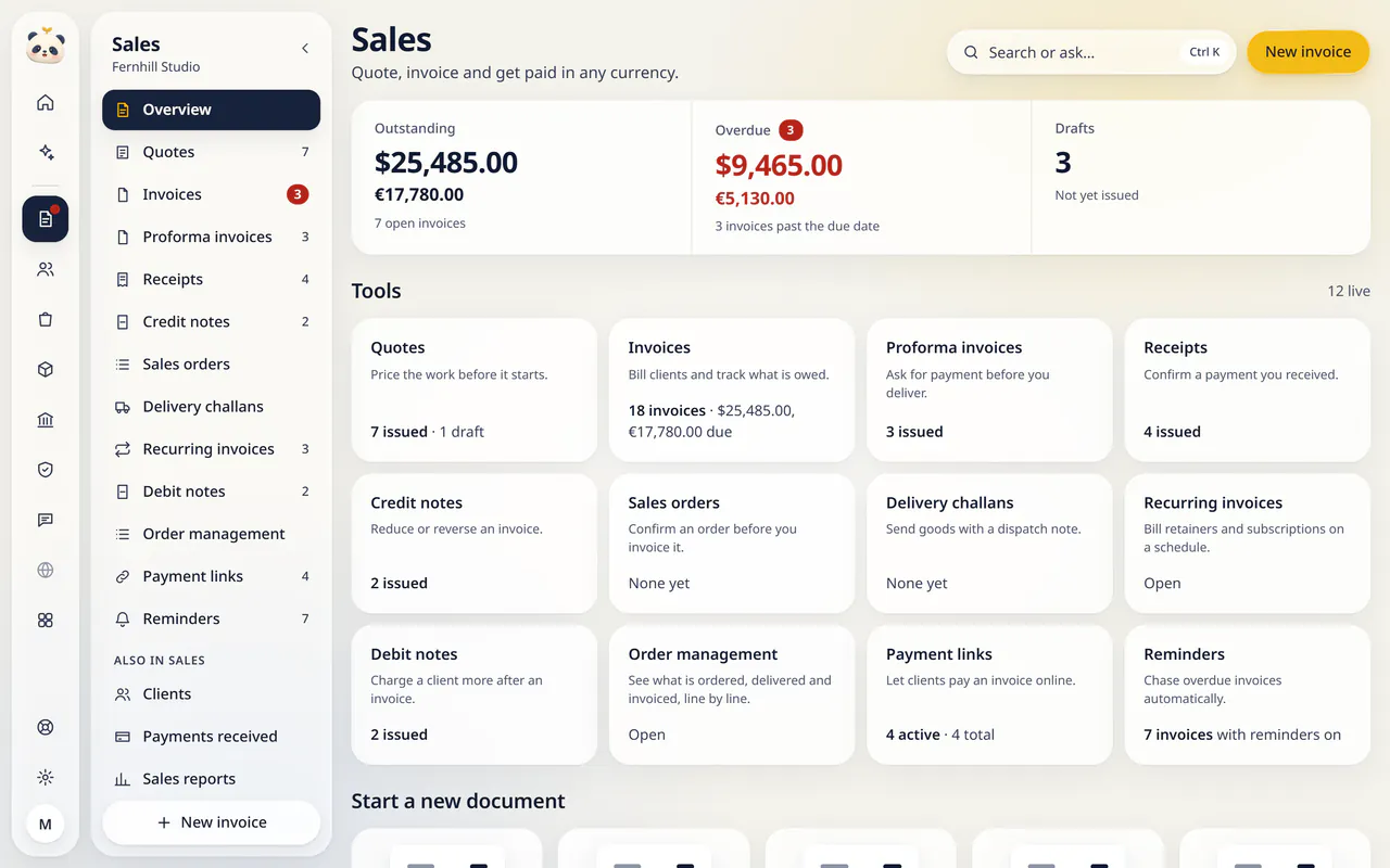 Sales in LuckPanda for Fernhill Studio: showing outstanding $25,485.00 and €17,780.00; overdue $9,465.00 and €5,130.00; drafts 3. Tool cards: Quotes (7 issued · 1 draft), Invoices (18 invoices · $25,485.00, €17,780.00 due), Proforma invoices (3 issued), Receipts (4 issued), Credit notes (2 issued), Sales orders (None yet), Delivery challans (None yet), Recurring invoices.
