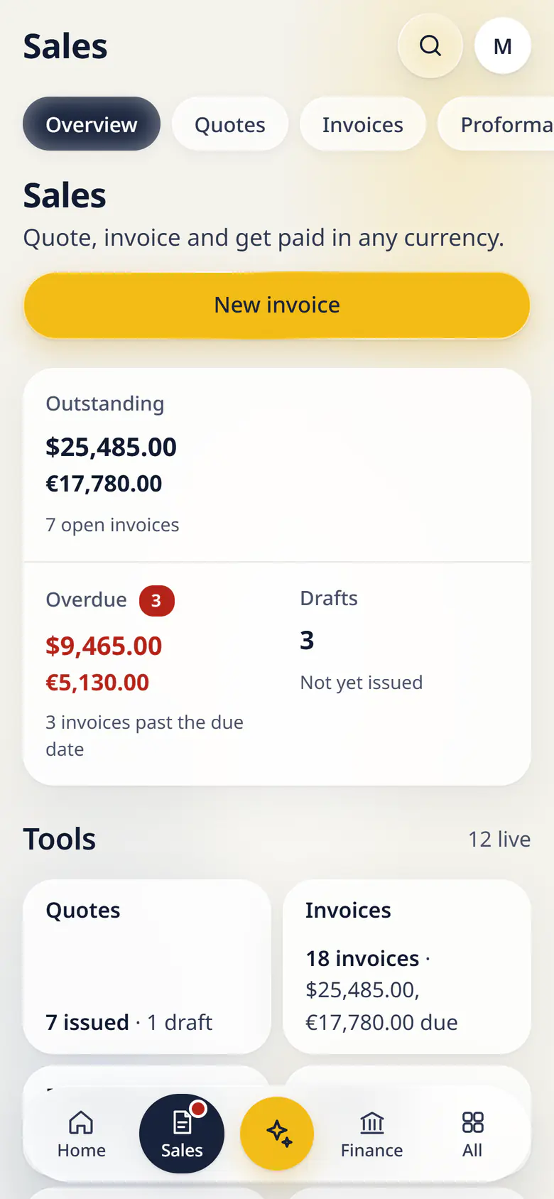 Sales in LuckPanda for Fernhill Studio on a phone: showing outstanding $25,485.00 and €17,780.00; overdue $9,465.00 and €5,130.00; drafts 3. Tool cards: Quotes (7 issued · 1 draft), Invoices (18 invoices · $25,485.00, €17,780.00 due), Proforma invoices (3 issued), Receipts (4 issued), Credit notes (2 issued), Sales orders (None yet).