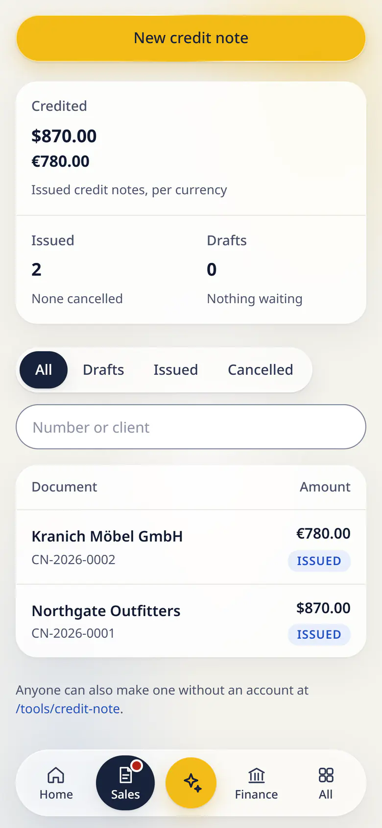 Credit notes in LuckPanda for Fernhill Studio on a phone: showing credited $870.00 and €780.00; issued 2; drafts 0. Rows include Kranich Möbel GmbH CN-2026-0002, €780.00 Issued; Northgate Outfitters CN-2026-0001, $870.00 Issued.